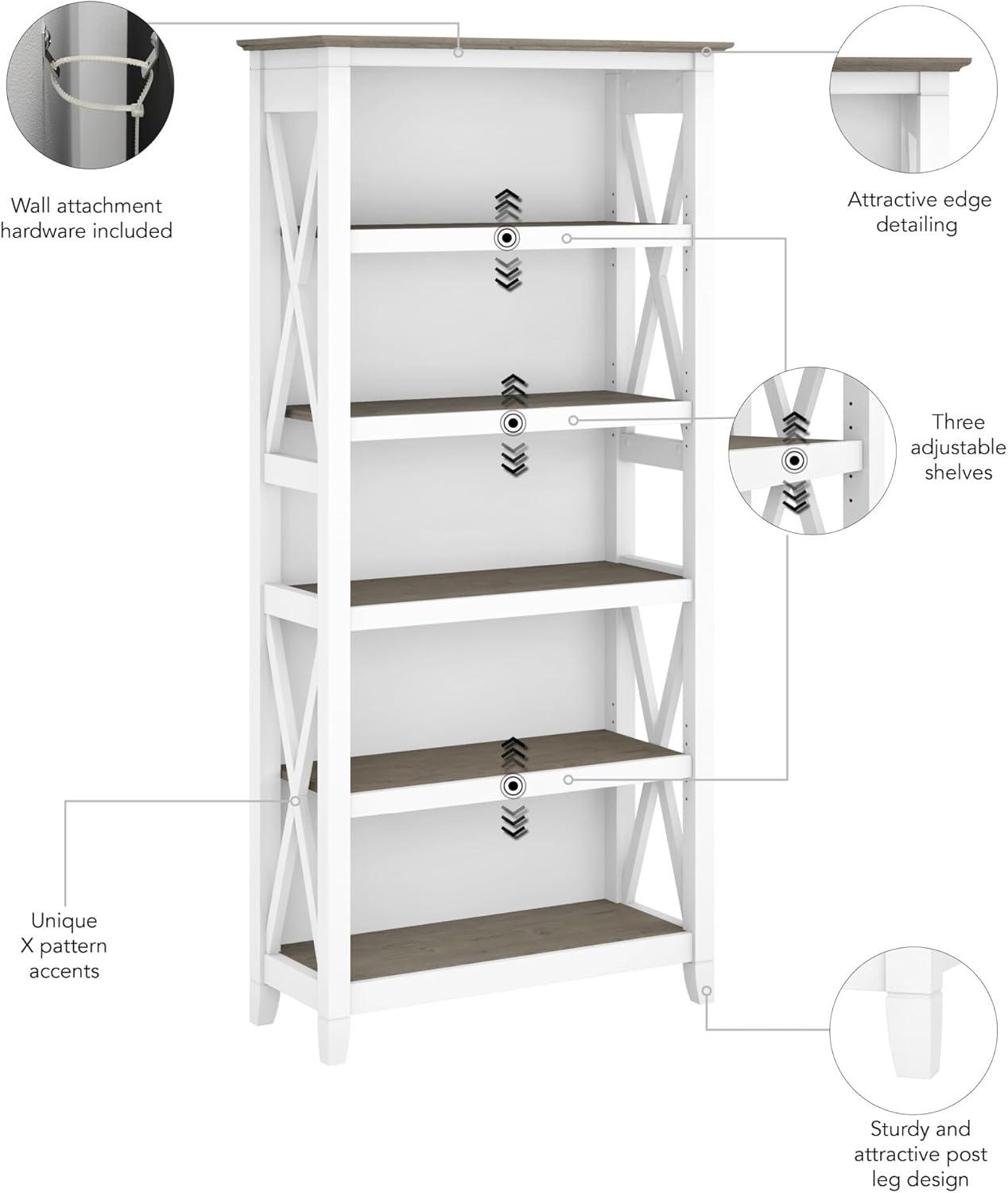 Bush Furniture Key West Tall 5 Shelf Bookcase, Pure White & Shiplap Gray