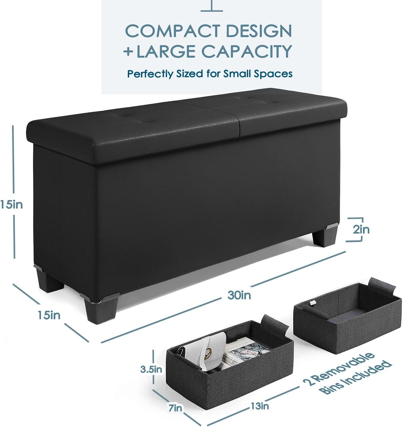 STORAGEBUD Storage Ottoman Bench with Bins, 30-in Storage Bench for Bedroom End of Bed, Folding Foot Rest Ottoman for Living Room Max 660lbs, Faux Leather Ottomans, Black