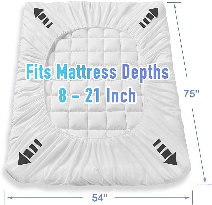 MATBEBY Full Size Mattress Pad - Cooling Breathable Mattress Topper, Quilted Fitted Mattress Protector, Pillow Top Mattress Cover with 8-21" Deep Pocket, Soft, Machine Washable, White, 54x75 Inches
