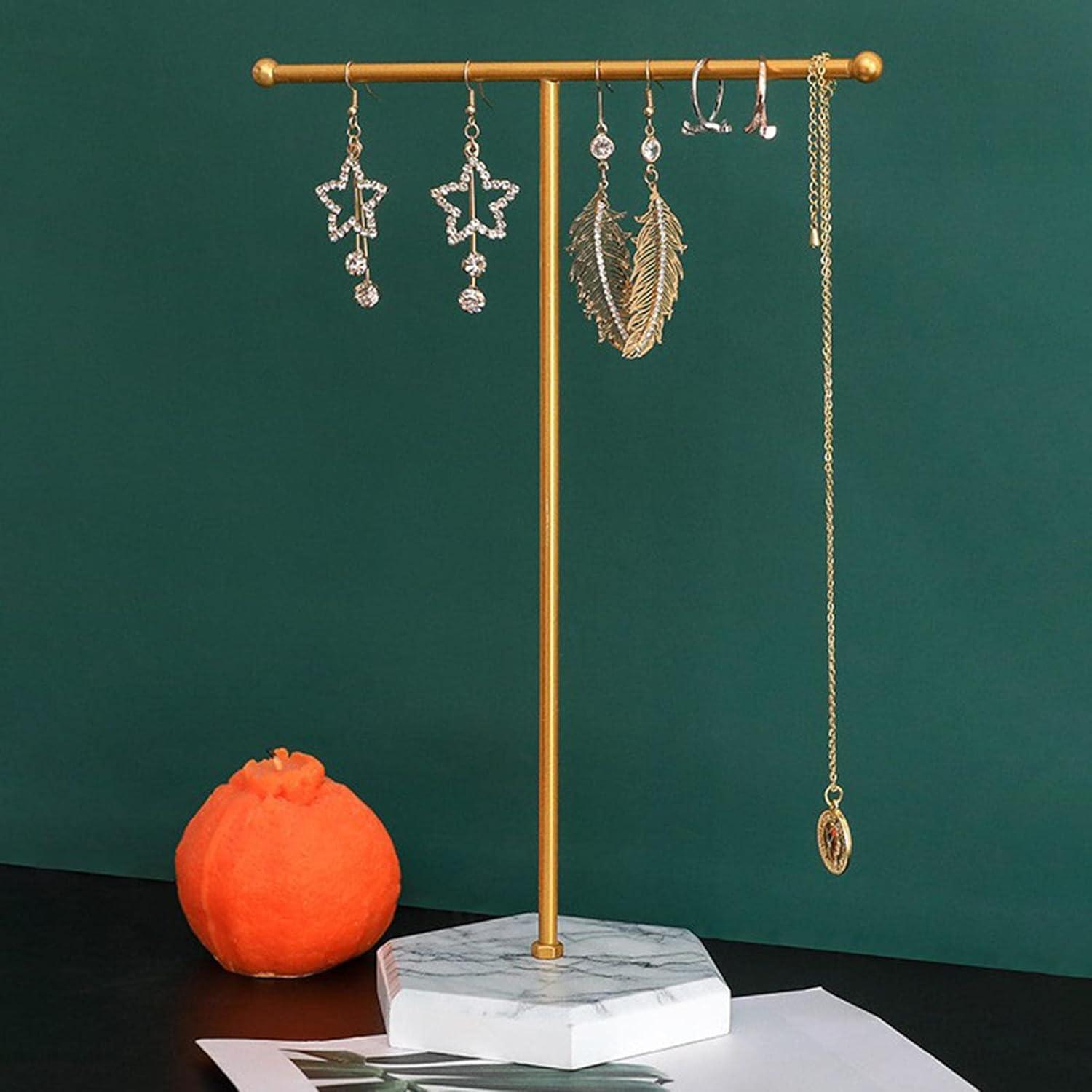 Jewelry Organizer Stand Display Necklace Holder T-Bar Plated Metal Desk Organizer Tower for Show Jewelry Hanging Pendant Earring Bracelet Ring Accessorie with White Marble Plywood Bases, White