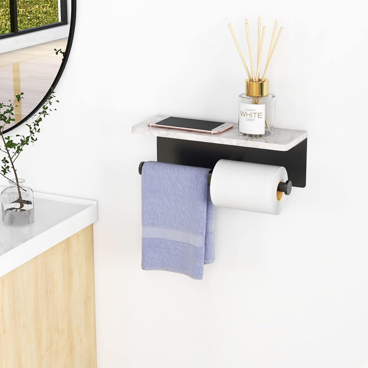 Black Matte Double Toilet Paper Holder with Marble Shelf