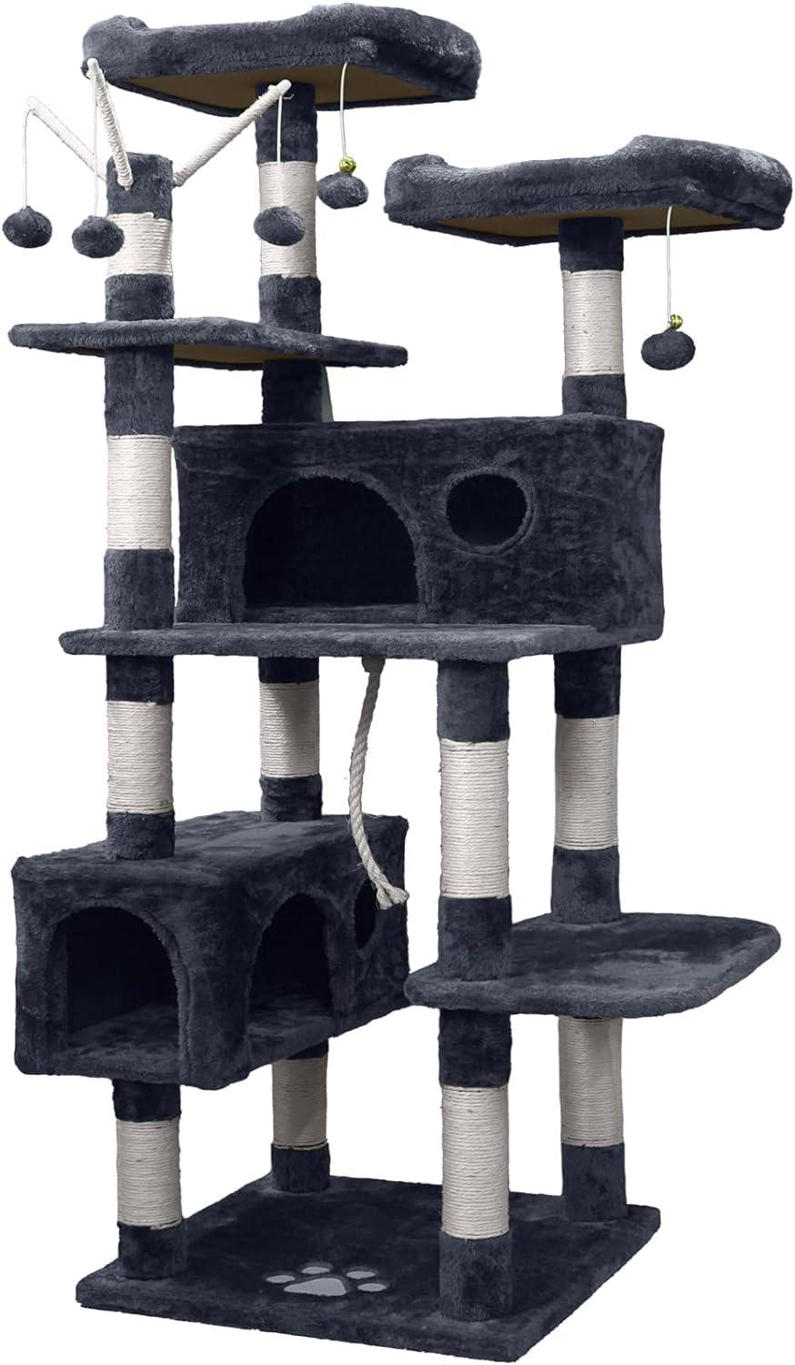 Cat Tree Tower for Indoor Cats,64 inches Large Multi-Level Cat Activity Center with Condos,Scratching Posts,Removable Fur Ball Sticks(Dark Grey002)