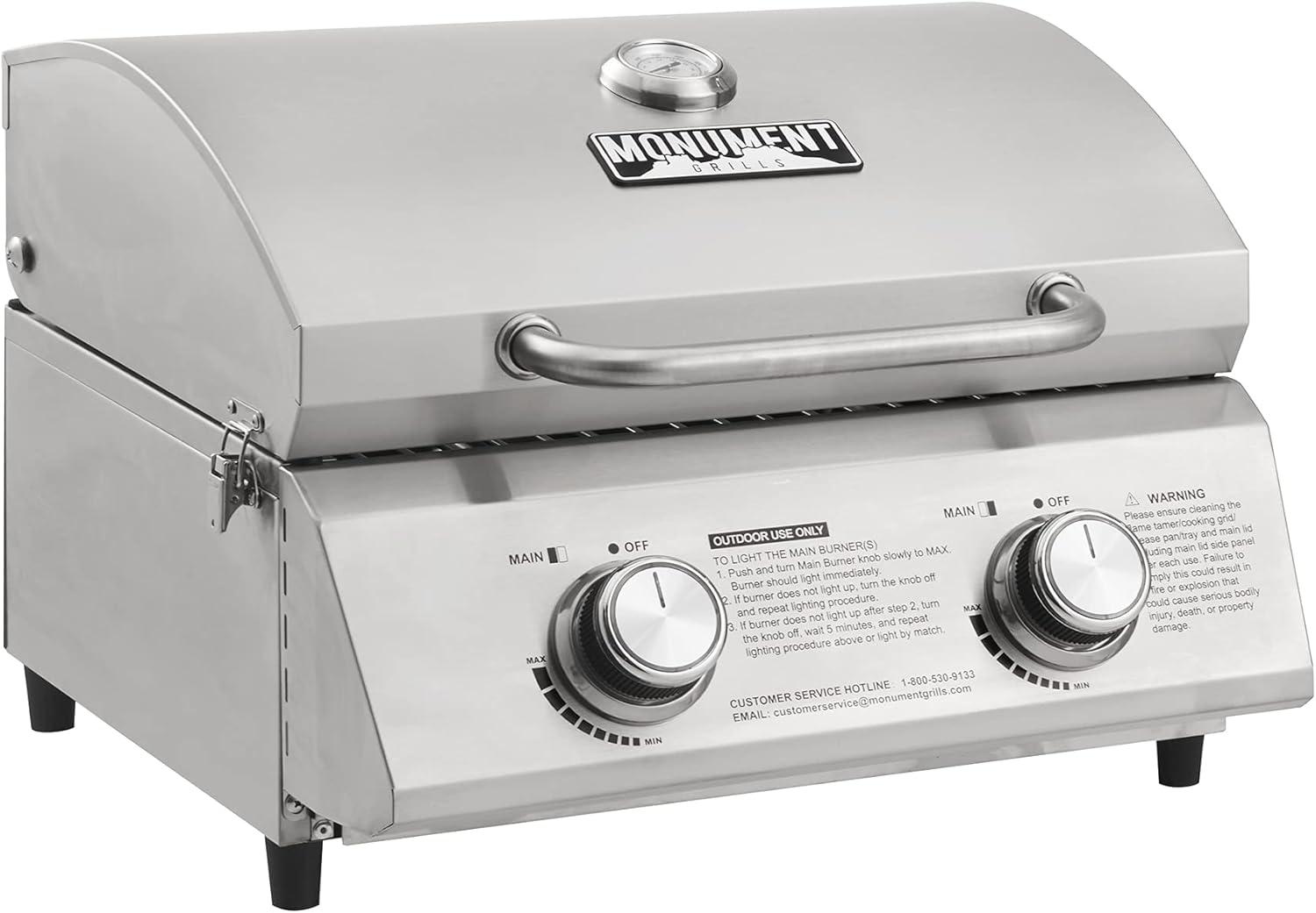 Monument Grills 13742 Tabletop Propane Gas Grill Stainless for Portable Camping Cooking with Travel Locks, High Lid