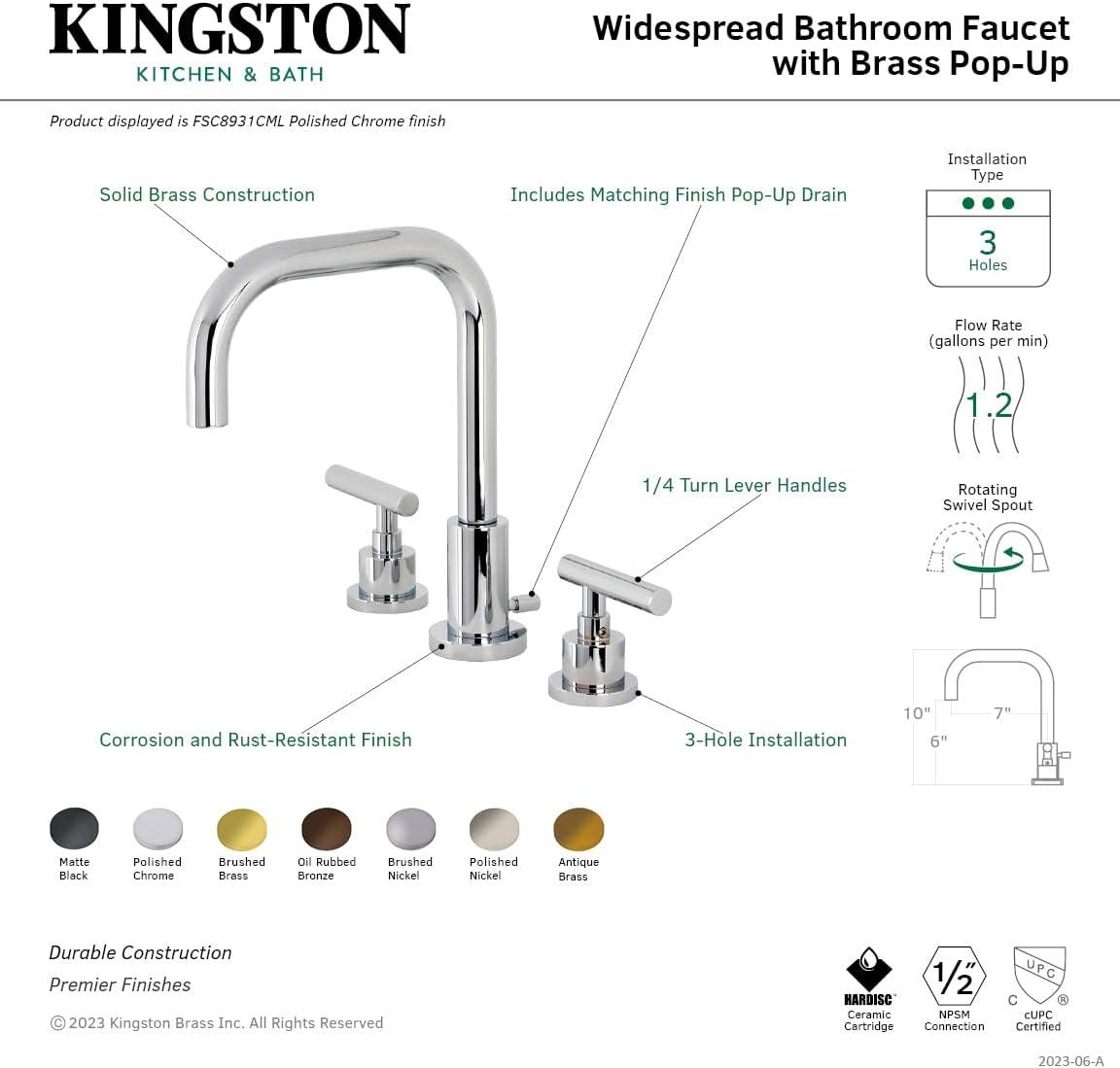 Kingston Brass Manhattan Two-Handle 3-Hole Deck Mount Widespread Bathroom Faucet with Brass Pop-Up Drain