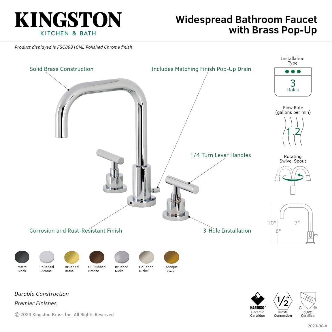 Kingston Brass Manhattan Two-Handle 3-Hole Deck Mount Widespread Bathroom Faucet with Brass Pop-Up Drain