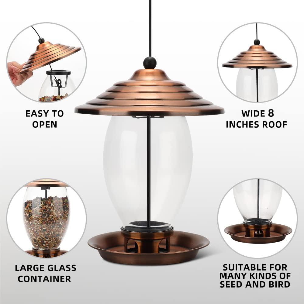 REALEAD Metal and Glass Wild Bird Feeder for Outside - 3 lbs Seed Capacity, Outdoor Hanging for Garden Yard
