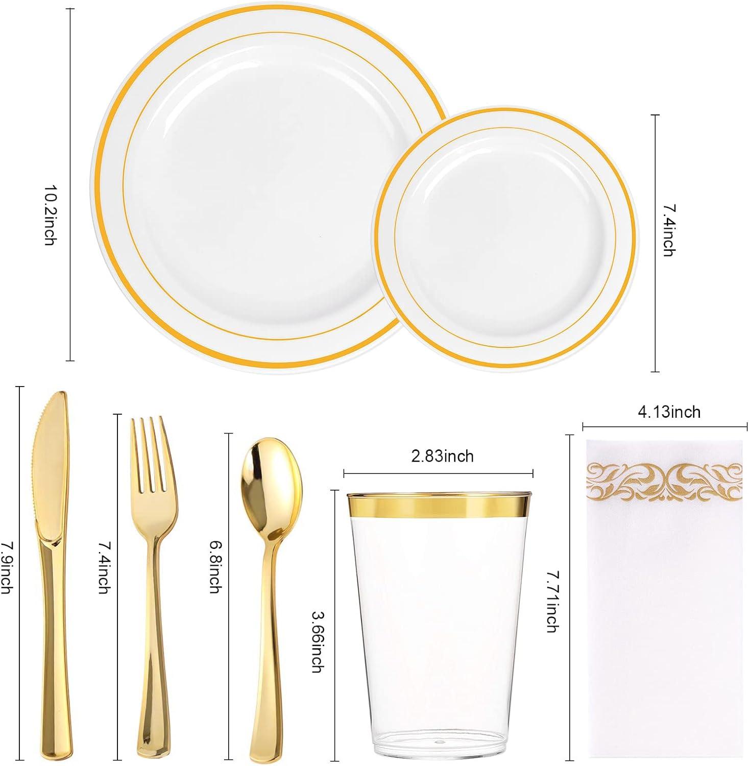 FOCUSLINE 350 Piece Gold Rim Dinnerware Set, Disposable Plastic Plates for Party or Wedding-100 Plastic Plates-50 Plastic Silverware-50 Plastic Cups-50 Linen Feel Napkins(50 Guest)