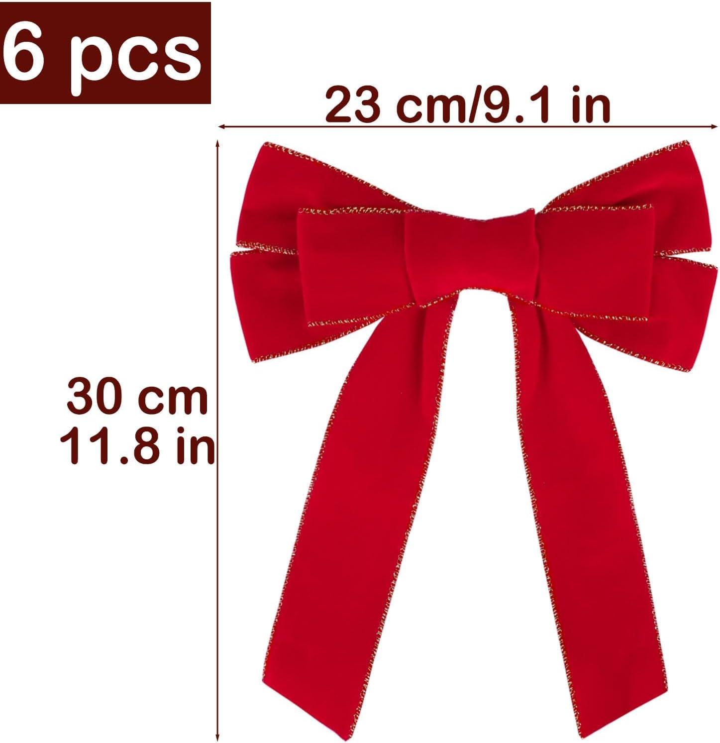 6 PCS Christmas Decorations, 9 x 12 Inches Large Christmas Bows, Red Velvet PVC Hanging Christmas Tree Decorations Indoor Outdoor Xmas Decor for Home Party Wreath Fence Fireplace Stairs Railing Door