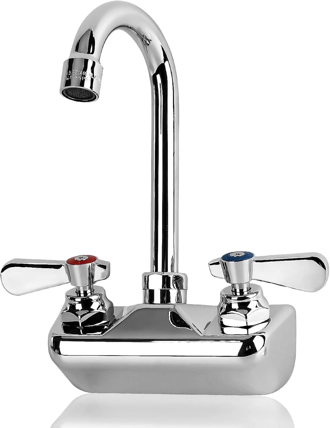 KWODE 4 Inch Center Commercial Hand Sink Faucet with 3-1/2”Gooseneck Spout, Dual Lever Handle Wall Mount Kitchen Sink Faucet, Brass Constructed, Chrome