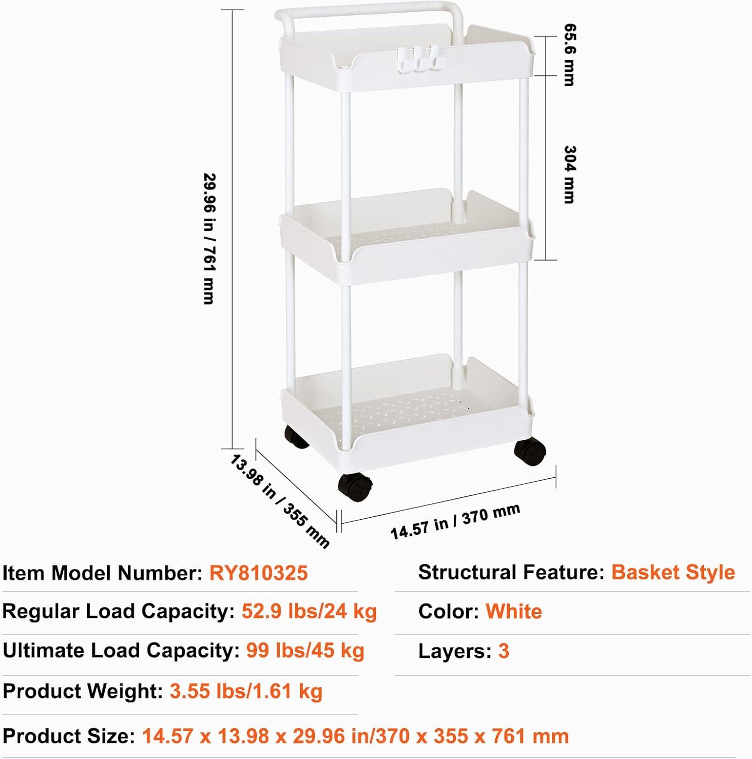 SKYSHALO 3-Tier Kitchen Rolling Cart Basket Utility Cart on Wheel with Handle White