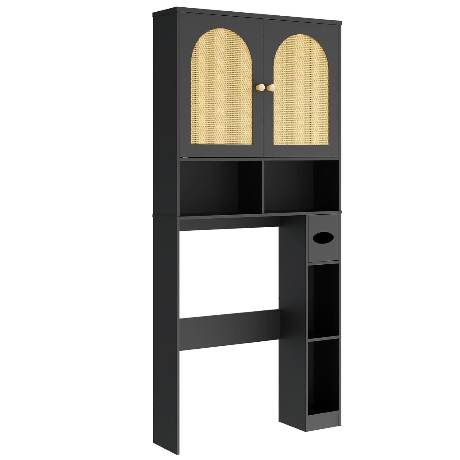 Bayou Breeze Over The Toilet Storage Cabinet, Rattan Storage Cabinet with 2 Doors & Toilet Paper Holder Stand, Freestanding Toilet Rack Space Saving and Adjustable Shelf