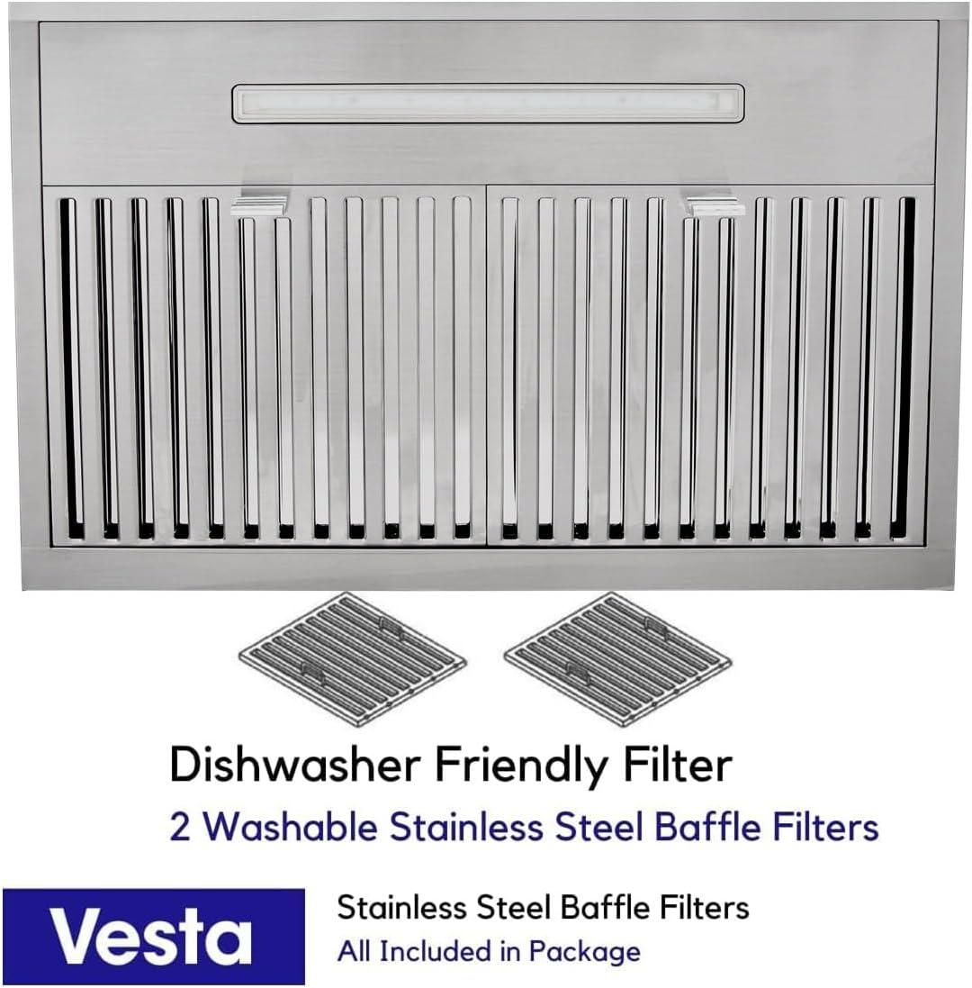 Vesta Charlotte 500cfm Under Cabinet Range Hood With 3 Levels Of Speed, Mechanical Buttons Control, Dishwasher Friendly Baffle Filters, Flexible Vent Connectors, Long LED Stripe