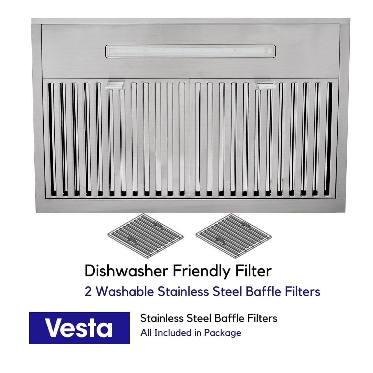 VESTA Chicago 750CFM Powerful 30'' Under Cabinet Range Hood With Seamless Stainless Steel Body, Single Motor, 3 Speeds Mechanical Button Control, Round 6" Top Vent, Baffle Filters, and LED Light