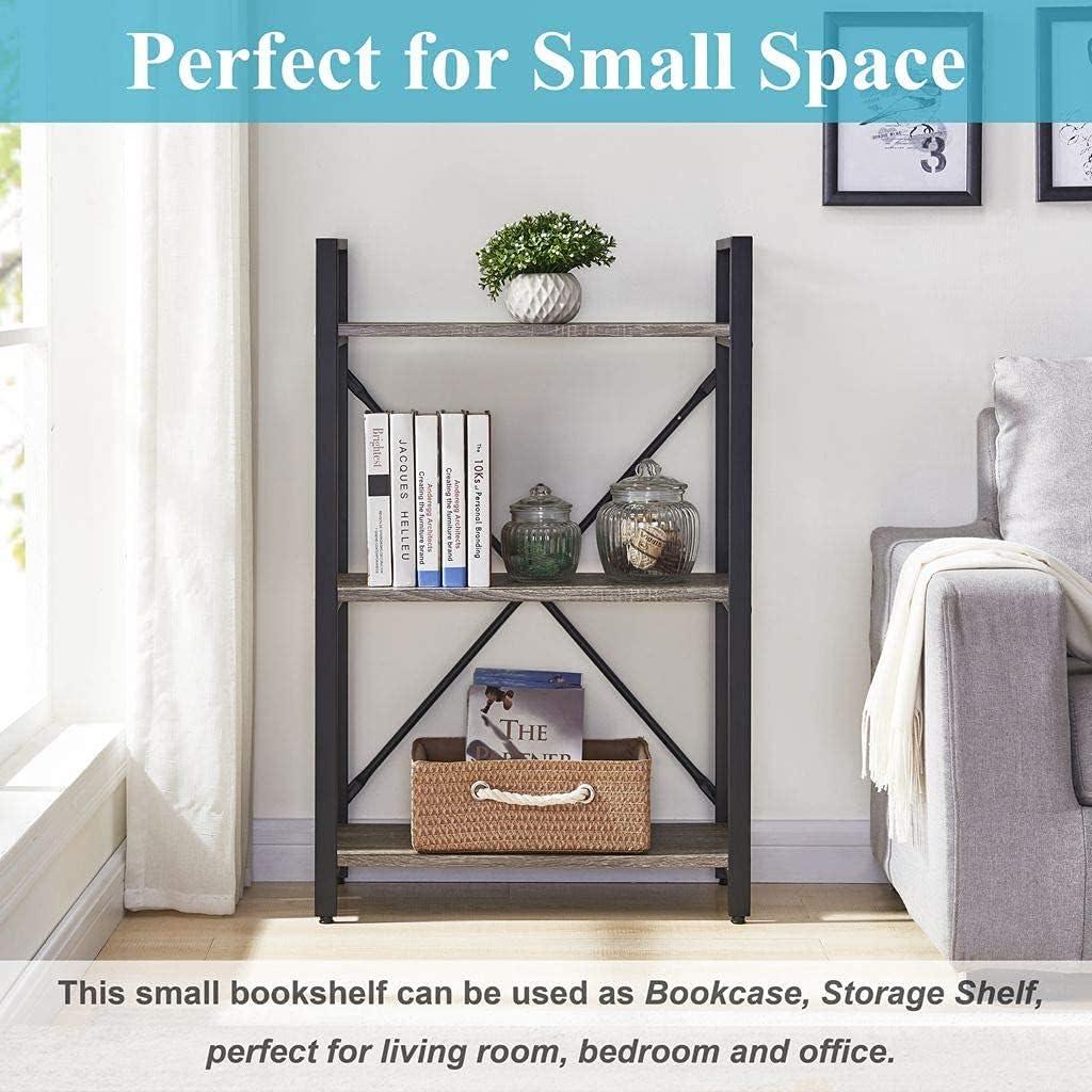 3 Tier Bookshelf, Small Rustic Book Shelf, Short Industrial Bookcase, Wood Metal Standing Etagere for Office, Bedroom and Living Room (Dark Gray Oak)