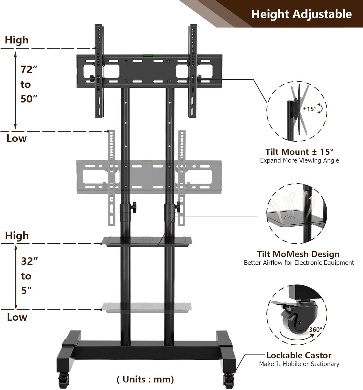 TAVR Dual Mobile TV Stand Rolling TV Cart Floor Stand with 2 TV Brackets on Locking Wheel Height Adjustable Shelf for 32-70 inch Flat/Curved Screen Gaming Console Display,Loading 110 lbs