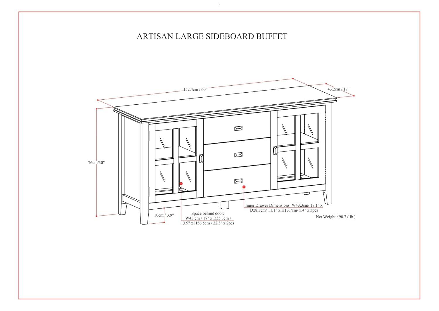 Simpli Home Artisan 60"W Solid Wood Sideboard Buffet with and Tempered Glass Doors and 3 Drawers