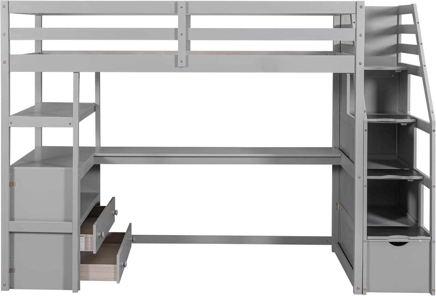 Stairway Twin Size Loft Bed with L Shape Desk, Shelves, Two Tier Drawers and Storage Staircase, Gray