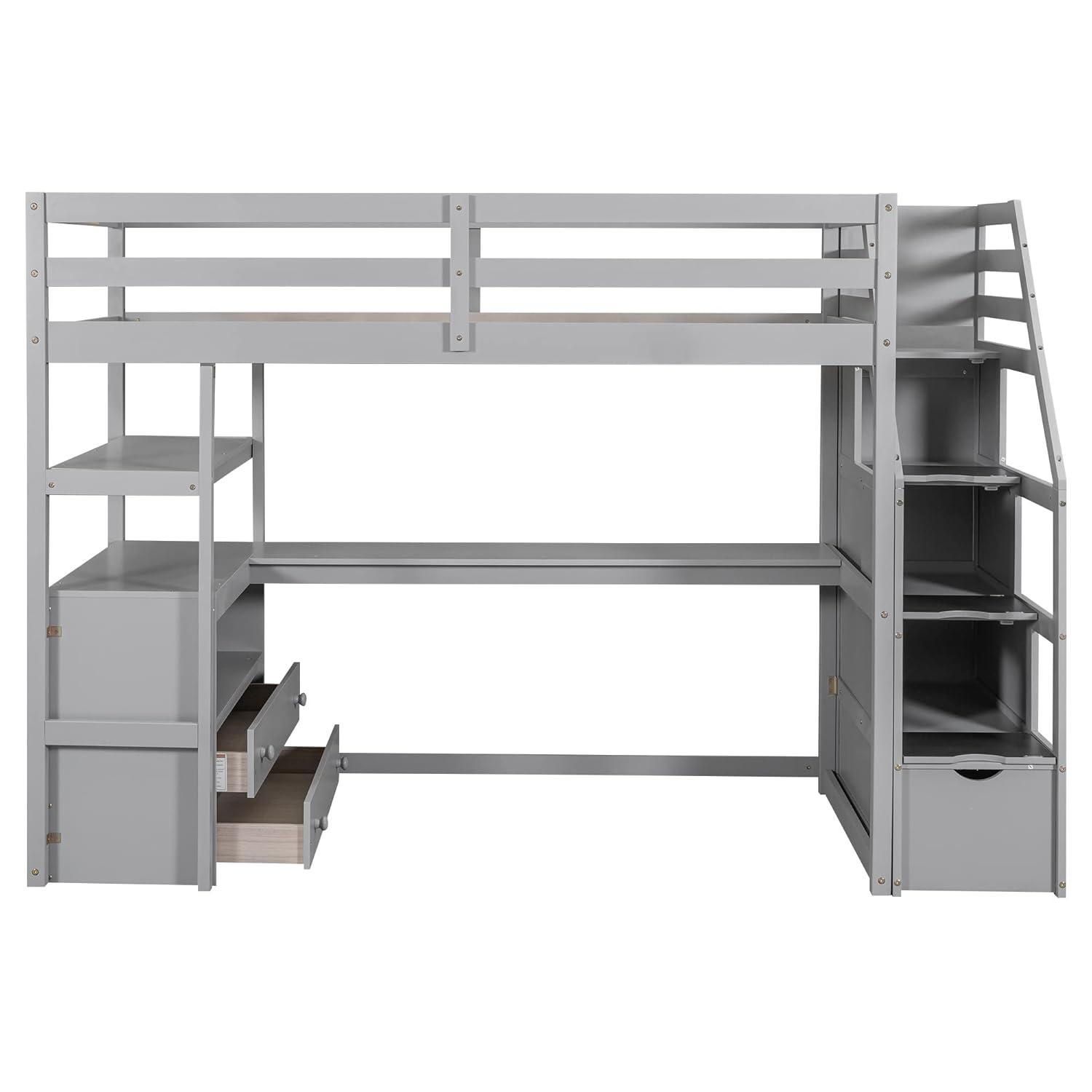 Stairway Twin Size Loft Bed with L Shape Desk, Shelves, Two Tier Drawers and Storage Staircase, Gray