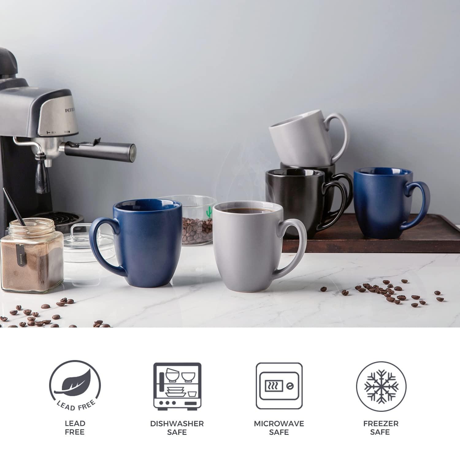 AmorArc Coffee Mugs Set of 6, Ceramic coffee mugs with large handle for Men Women,16oz Coffee Mugs for Coffee,Tea,Latte,Cocoa. Easy to Hold&Clean, Dishwasher&Microwave Safe, Matte Grey