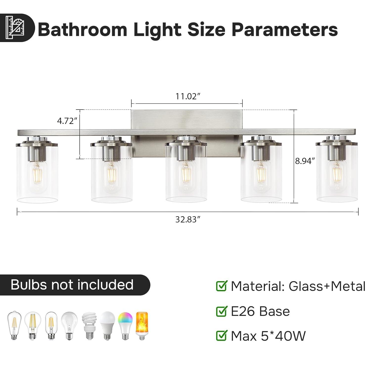 5 Light Bathroom Vanity Light Brushed Nickel Bathroom Light Fixtures with Clear Glass Shade Modern Bathroom Lights Over Mirror Brushed Nickel Wall Sconce for Bathroom Bedroom Living Room