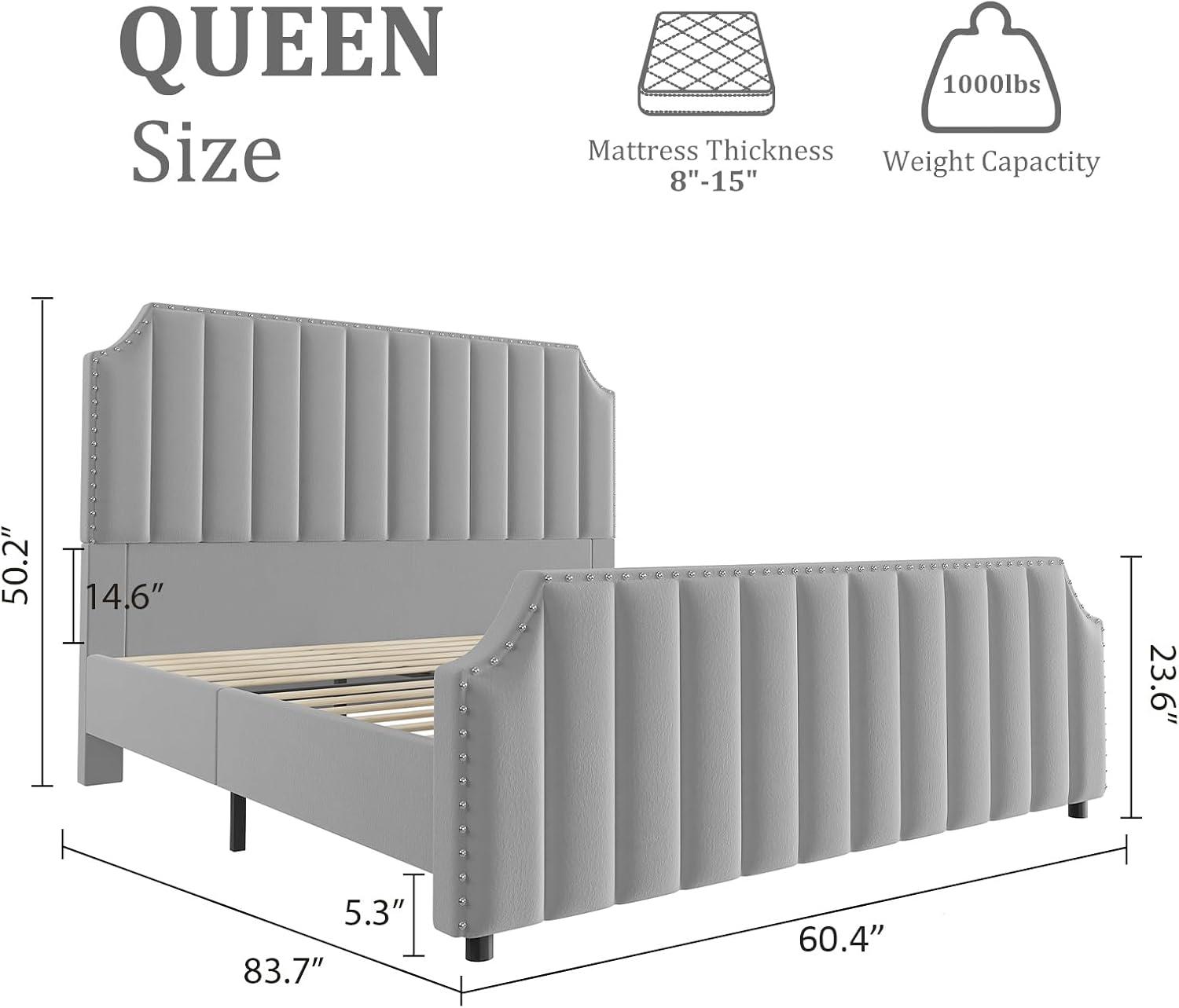 Garvee Queen Velvet Bed Frame, 50.2" Upholstered Headboard, Footboard with Nailhead Trim, No Box Spring Needed, Solid Wood Slats, Noise Free, Beige