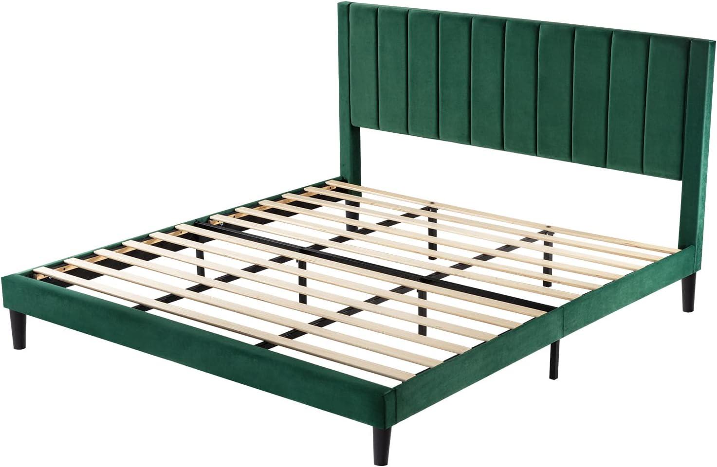 Allewie King Platform Bed Frame/Velvet Upholstered Bed Frame with Vertical Channel Tufted Headboard/Strong Wooden Slats/Mattress Foundation/Box Spring Optional/Easy Assembly/Green