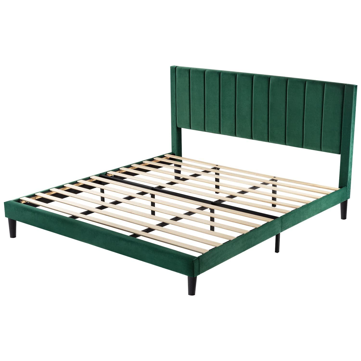 Allewie Queen Velvet Upholstered Bed Frame with Vertical Channel Tufted Headboard, Green