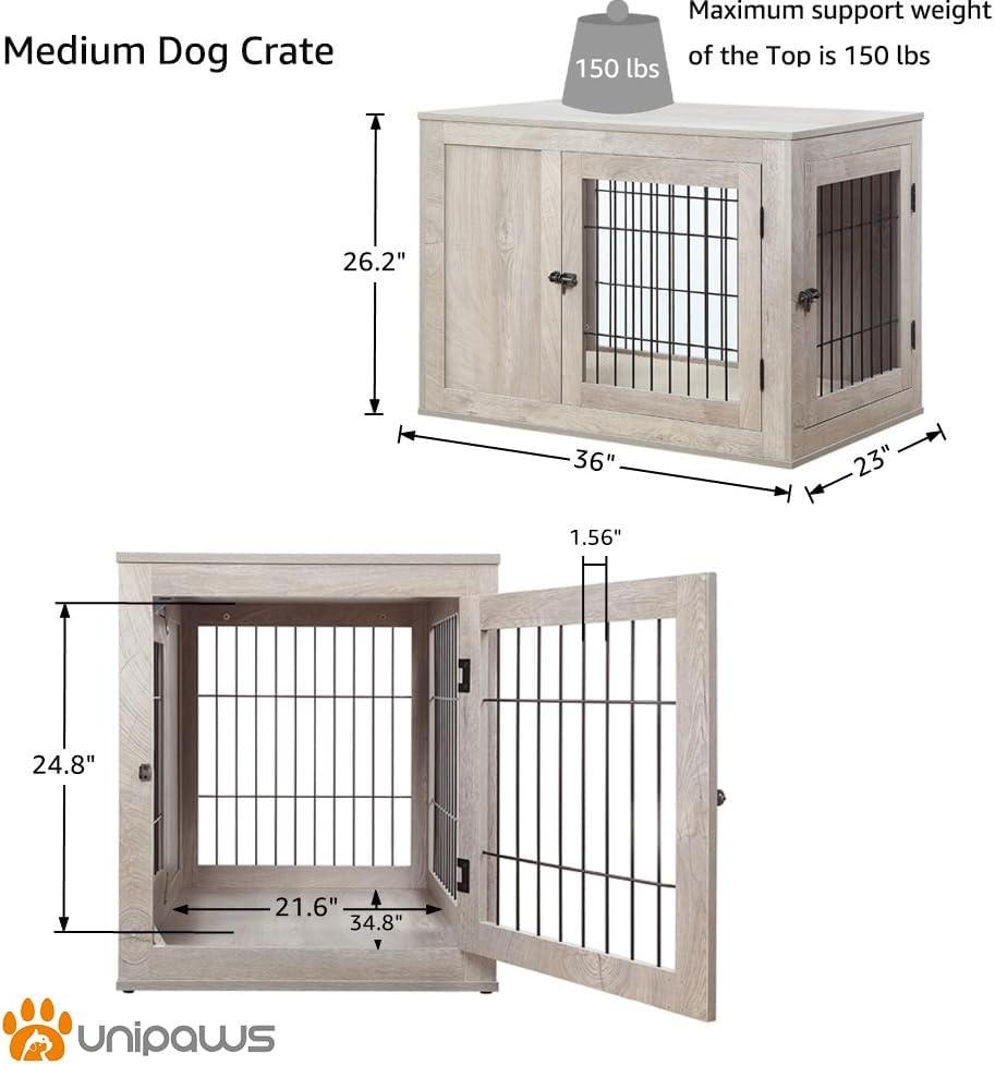 Unipaws Dog Crate End Table with Cushion, Wooden Wire Pet Kennels with Double Doors, Modern Design Dog House, Chew-Proof, Walnut
