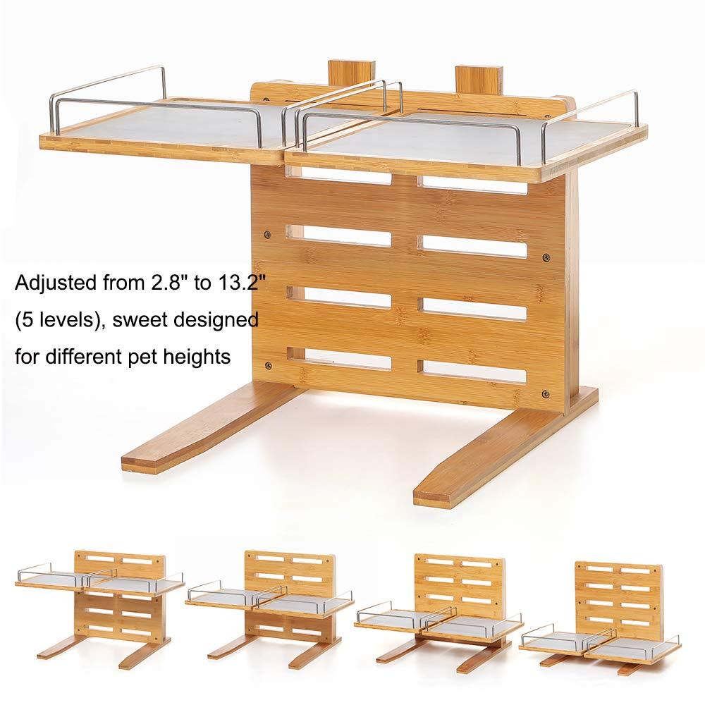 YY FOREYY Juego de 2 Tazones Elevados para Perros y Gatos, Tazones de Agua y Comida para Perros con Inclinación de Bambú, Comedero con 3 Tazones de Acero Inoxidable y Patas Antideslizantes para una Alimentación Cómoda
