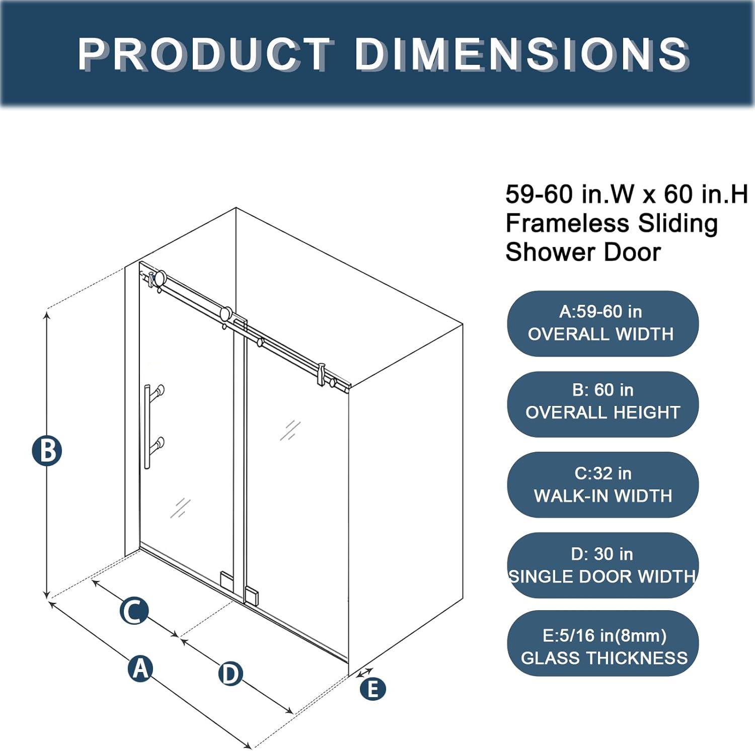 Frameless Sliding Shower Door, 76 x (44-48) Inch Frameless Shower Door, 5/16" (8mm) Clear Tempered Glass in Brushed Nickel Finish, Glass Shower Door