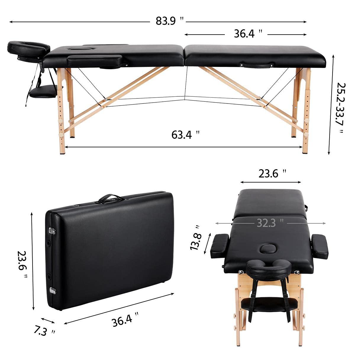 Adjustable Black Faux Leather Portable Massage Table with Beech Wood Legs