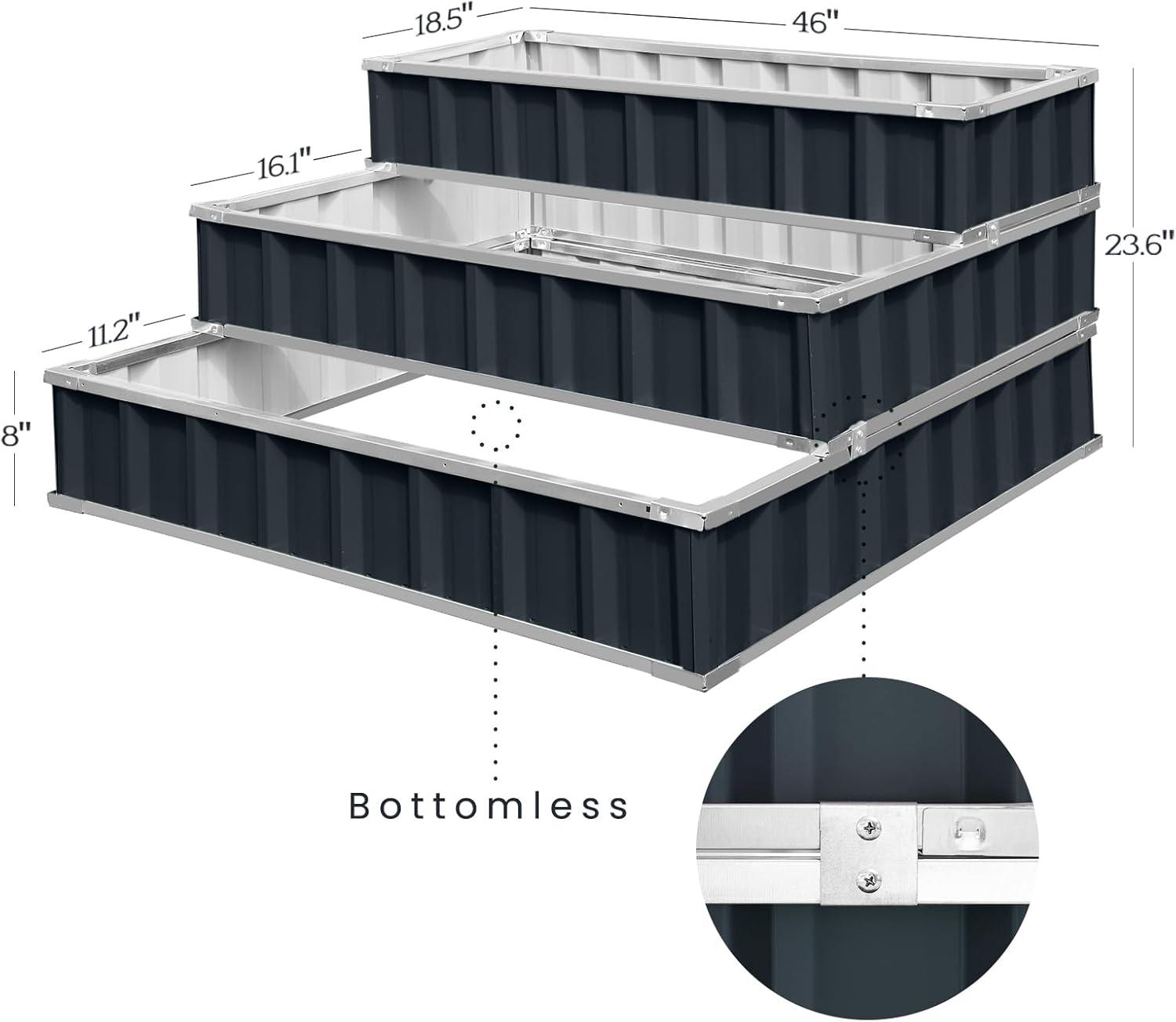 46" x 46" x 23.6" Dark Grey Galvanized Steel 3-Tier Raised Garden Bed