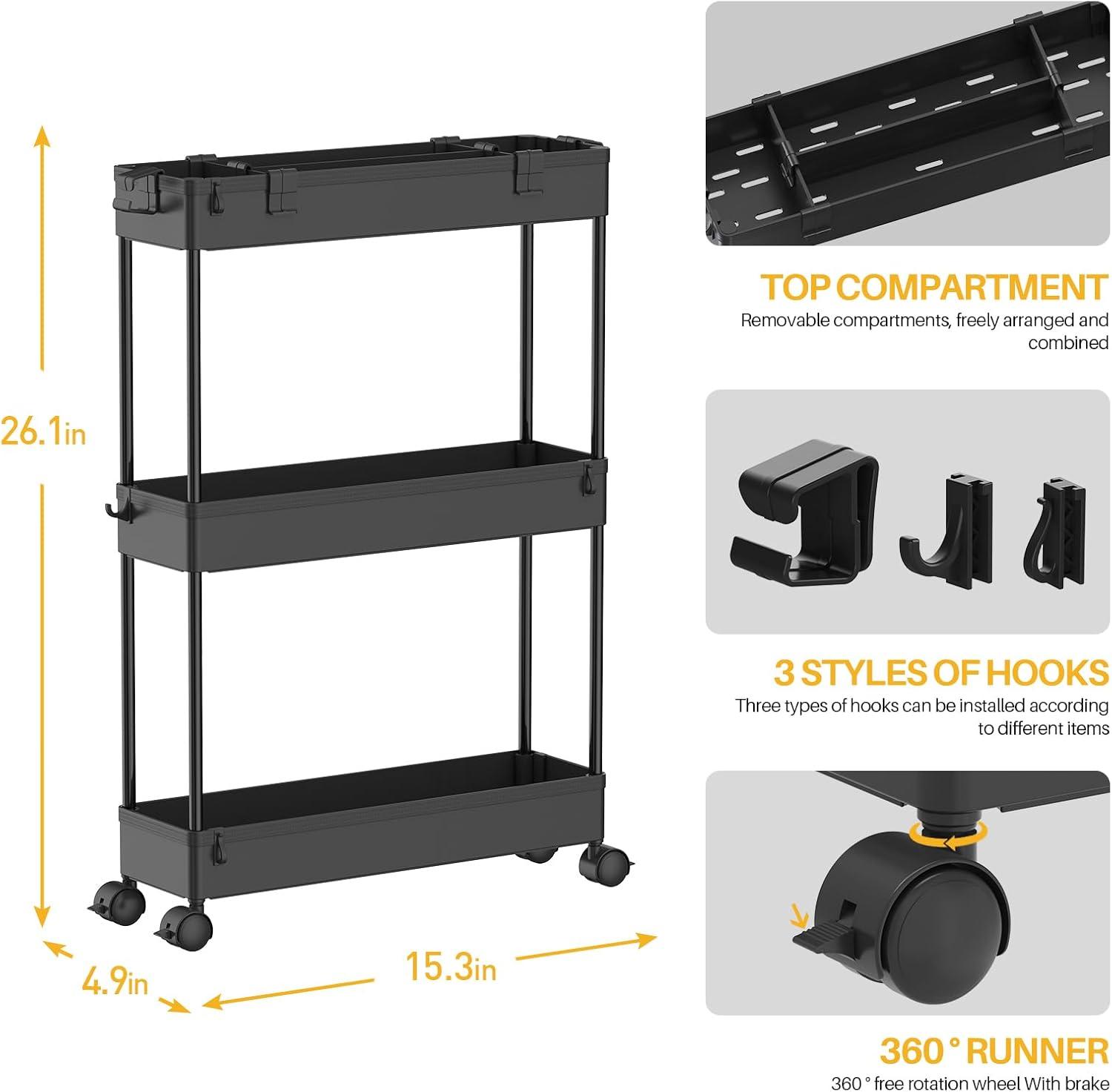 Slim Storage Cart,3 Tier Bathroom Rolling Utility Cart Storage Organizer Slide Out Cart, Mobile Shelving Unit Organizer trolley for Office Bathroom Kitchen Laundry Room Narrow Places, Black