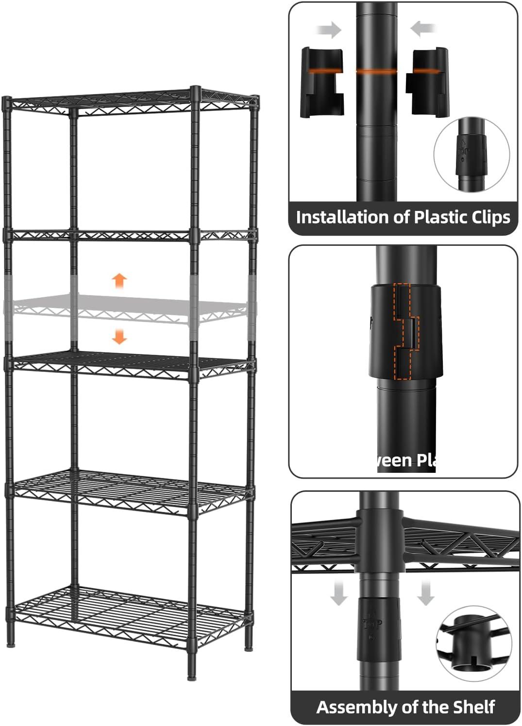 Adjustable Black Metal 5-Shelf Wire Storage Unit