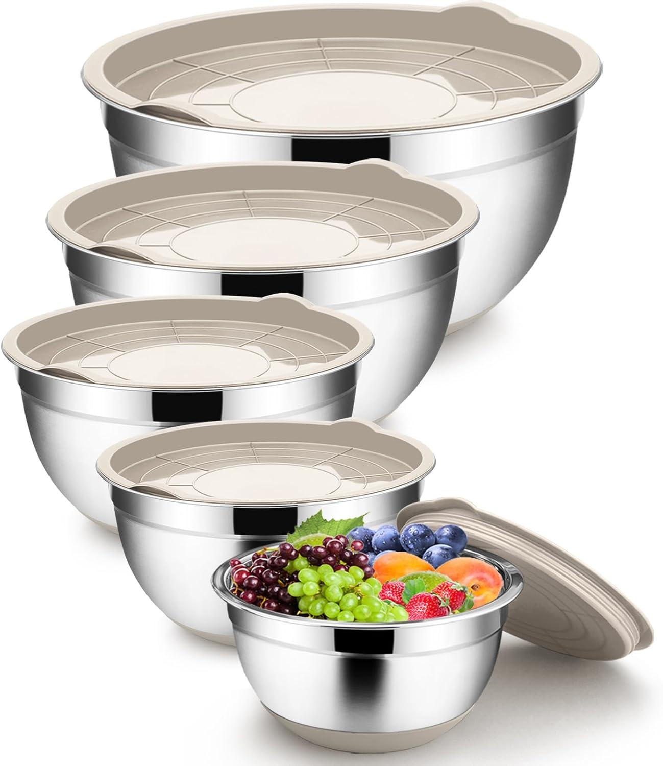 Khaki Stainless Steel Nesting Mixing Bowls with Lids Set of 5