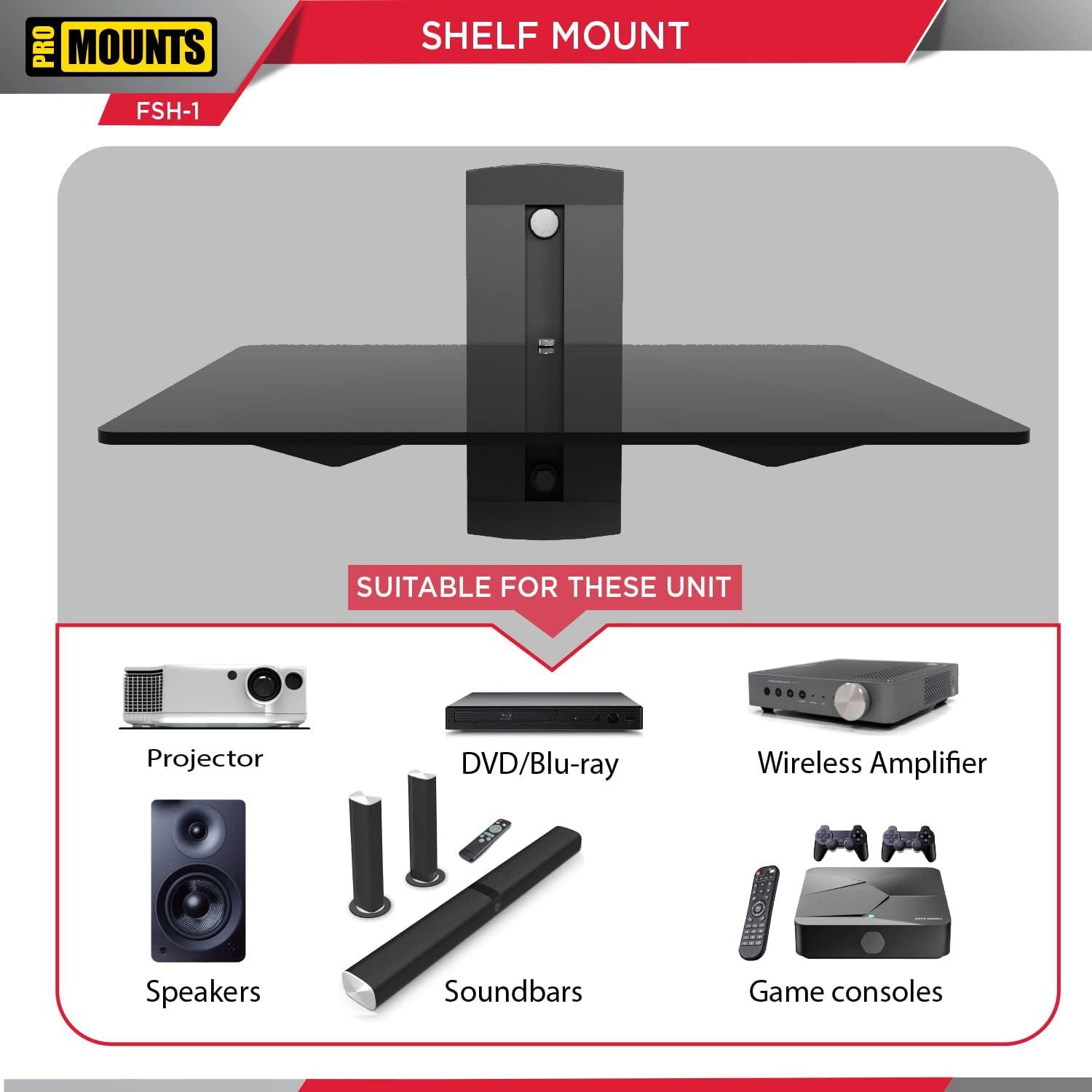 ProMounts Durable AV Wall Shelf, Single Glass, Supports up to 17.6lbs Max Weight