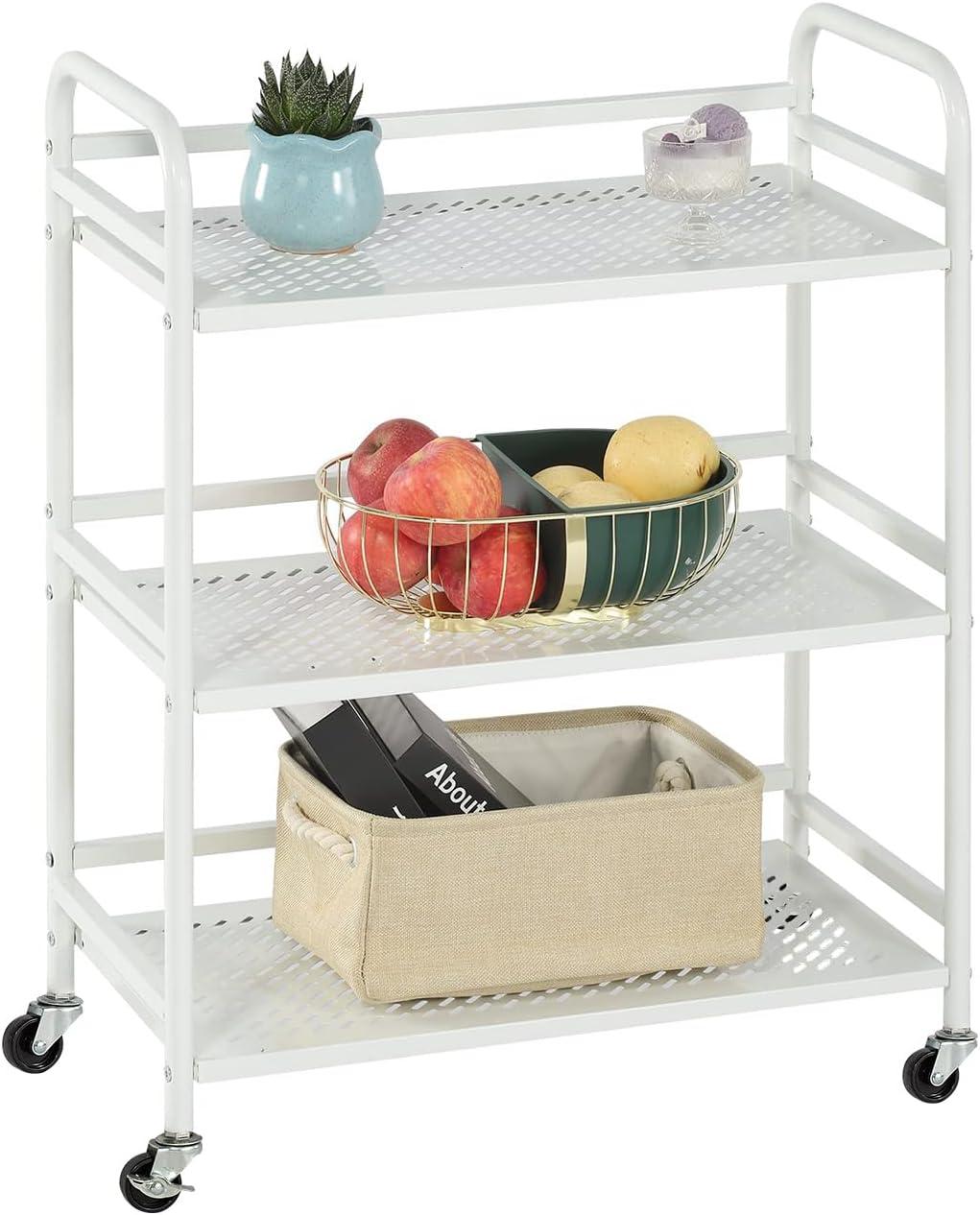 White 3-Tier Metal Mesh Rolling Utility Cart with Locking Wheels