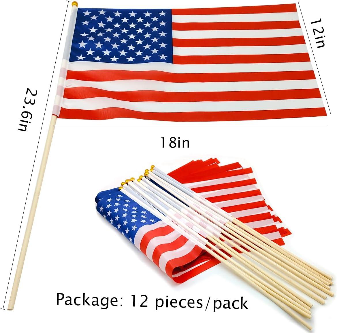 12 Pcs 12x18 Inch American Flags on Stick - Perfect for Memorial Day, 4th of July, Veterans Day Decorations USA Stick Flag with Handheld and Grounded Multi-Purpose Flagpole|Flagsticks USA 12 inch x 18