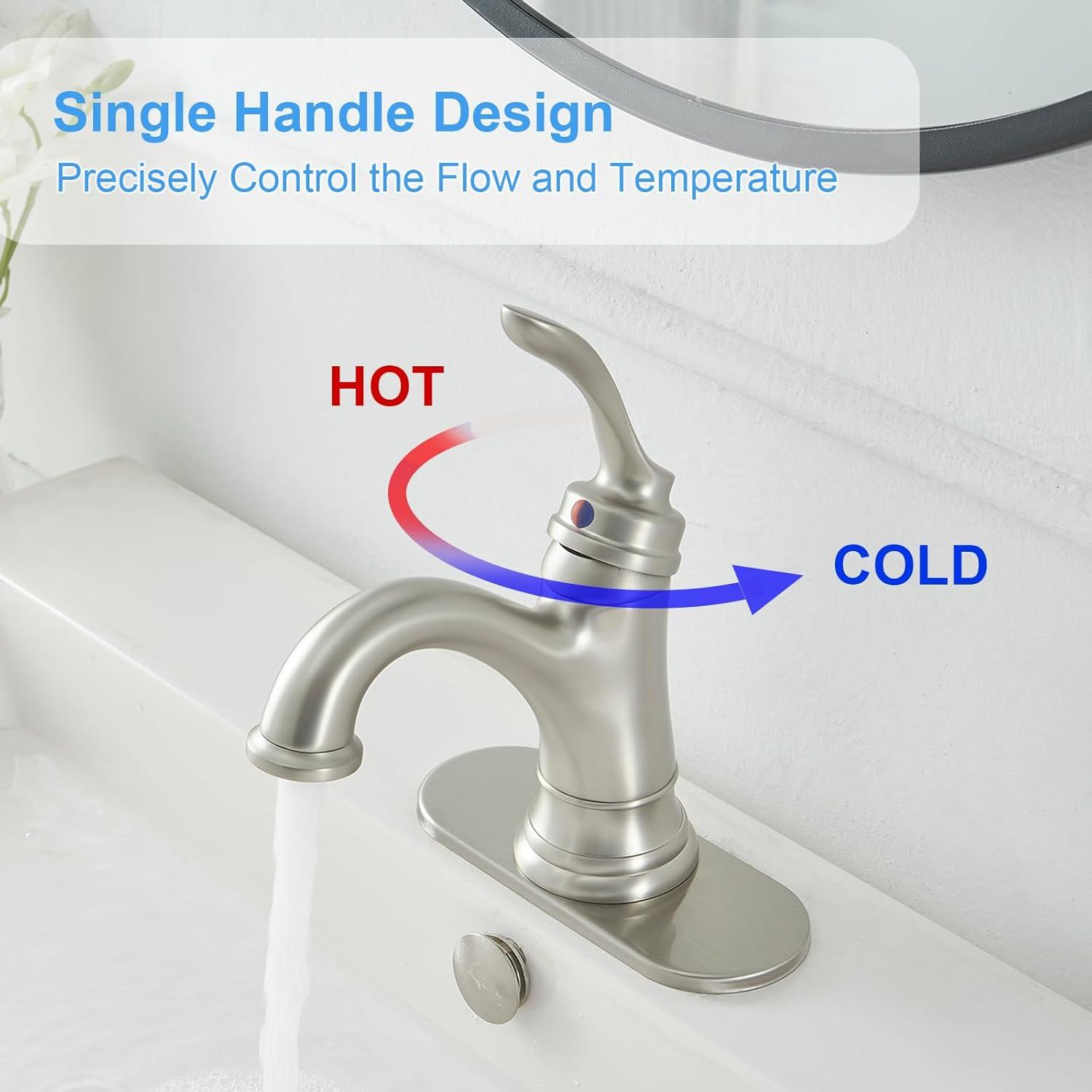 BWE Brushed Nickel Bathroom Faucet 1 Hole Single Handle Bathroom Sink Faucet with Brass Pop Up Drain and Supply Line High Arc Bath Vanity Faucet for Lavatory Mix Tap