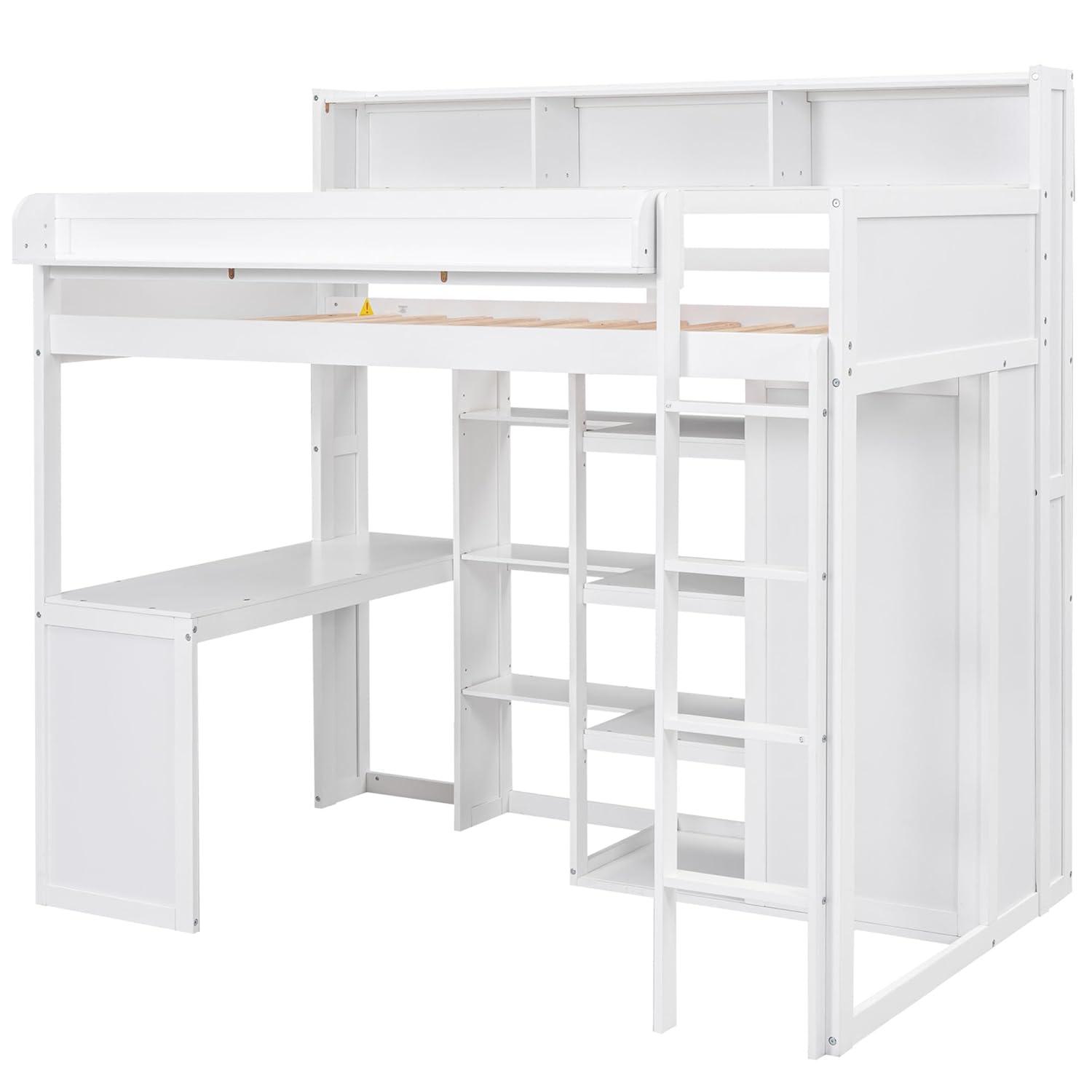 Harper & Bright Designs Twin Size Loft Bed with Storage Shelves and Wardrobe, Wood Loft Bed with Built-in Desk and Staircase for Adults Boys Girls, Space Saving