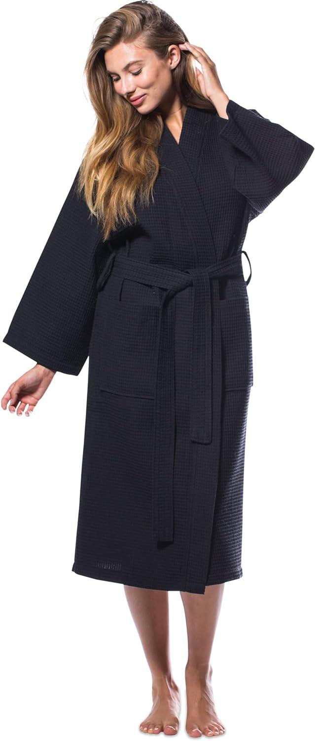 Turquaz Linen Lightweight Long Waffle Kimono Unisex Spa Robe (One Size, Black)