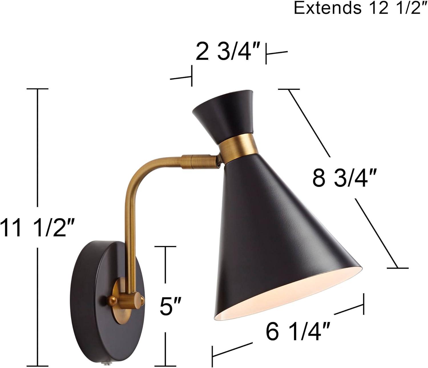 360 Lighting Venice Mid Century Modern Wall Lamps Set of 2 Matte Black Brass Plug-in 6 1/4" Light Fixture Cone Shade for Bedroom Reading Living Room