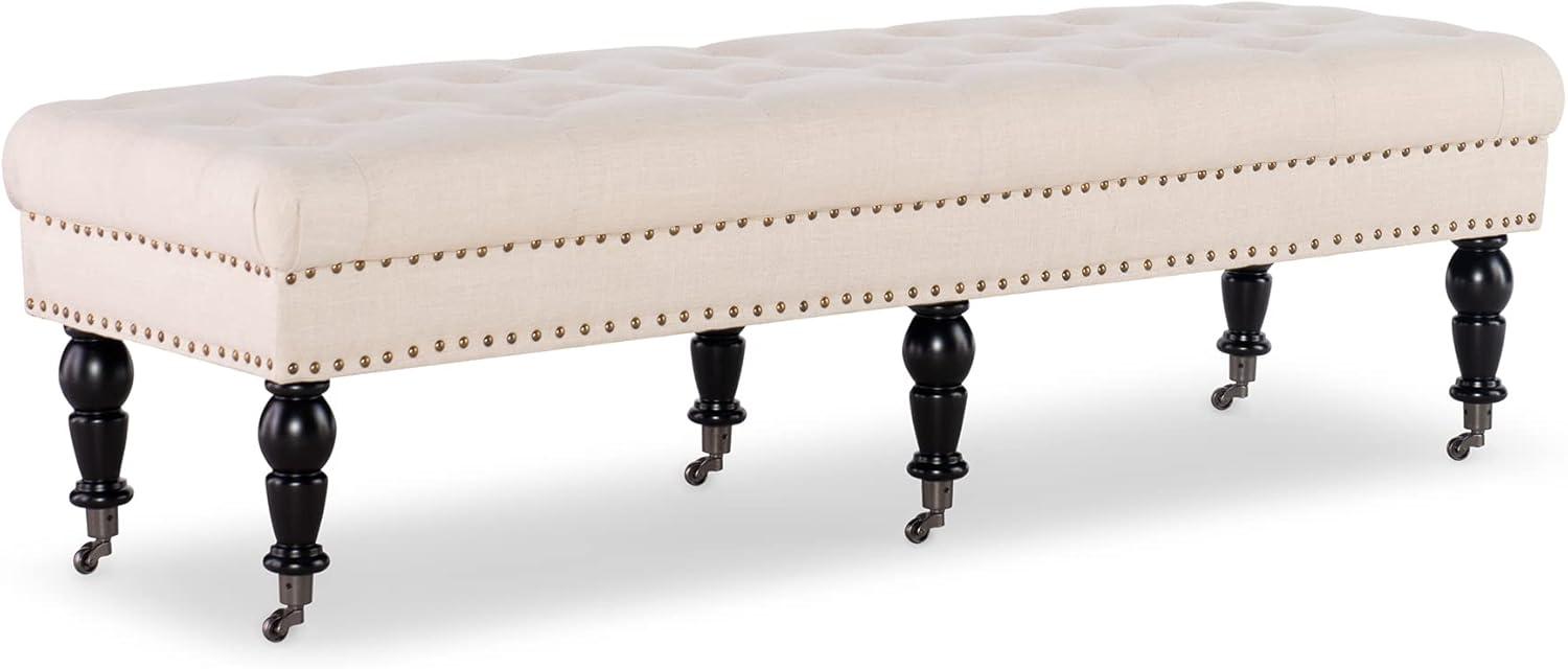 62" Isabelle Linen Tufted Bench with Nailhead Trim & Casters - Entryway, Bedroom - Linon