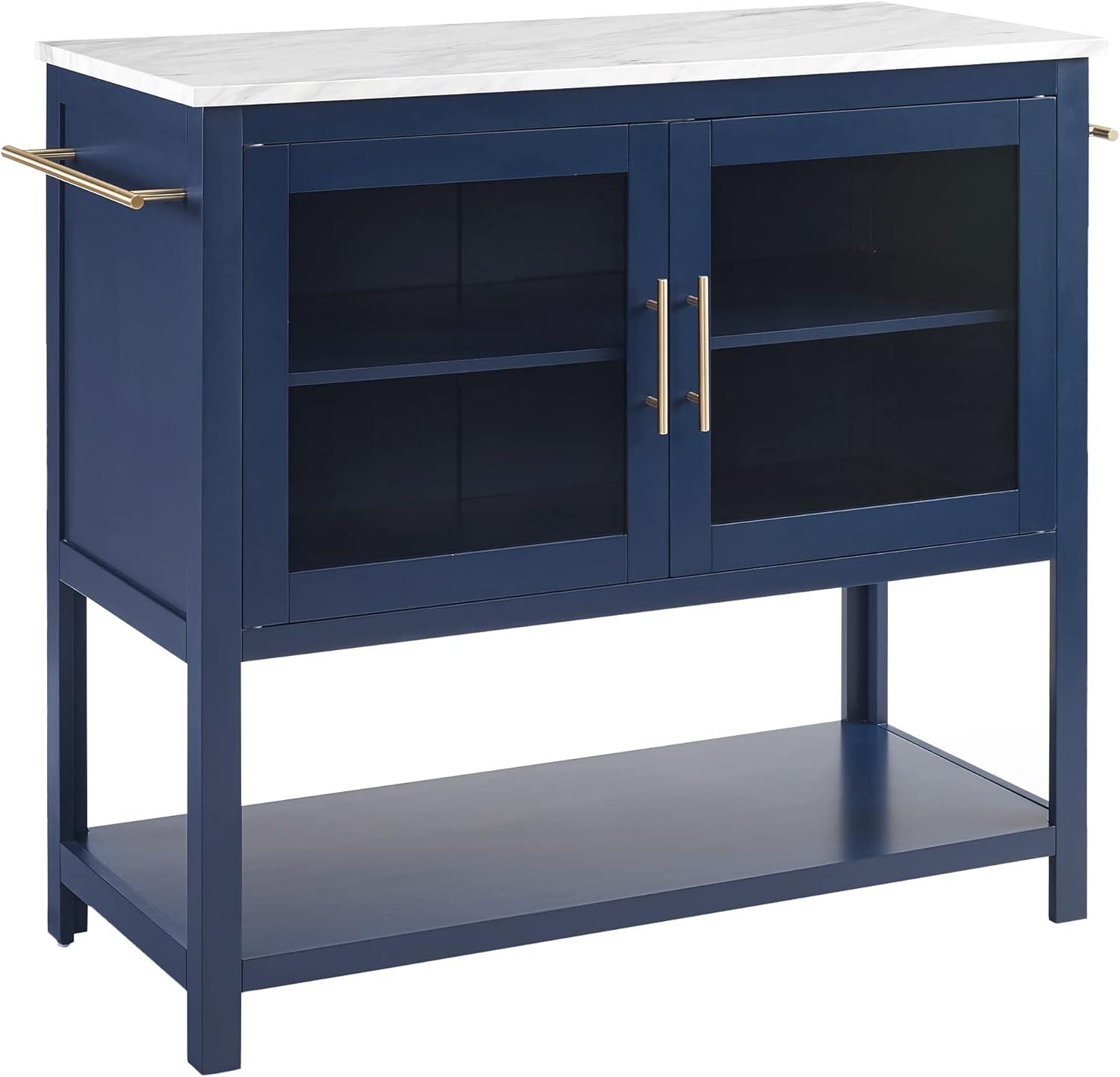 Katrina Kitchen Island Navy/White Marble - Crosley: Faux Marble Top, Glass Doors, Towel Bars