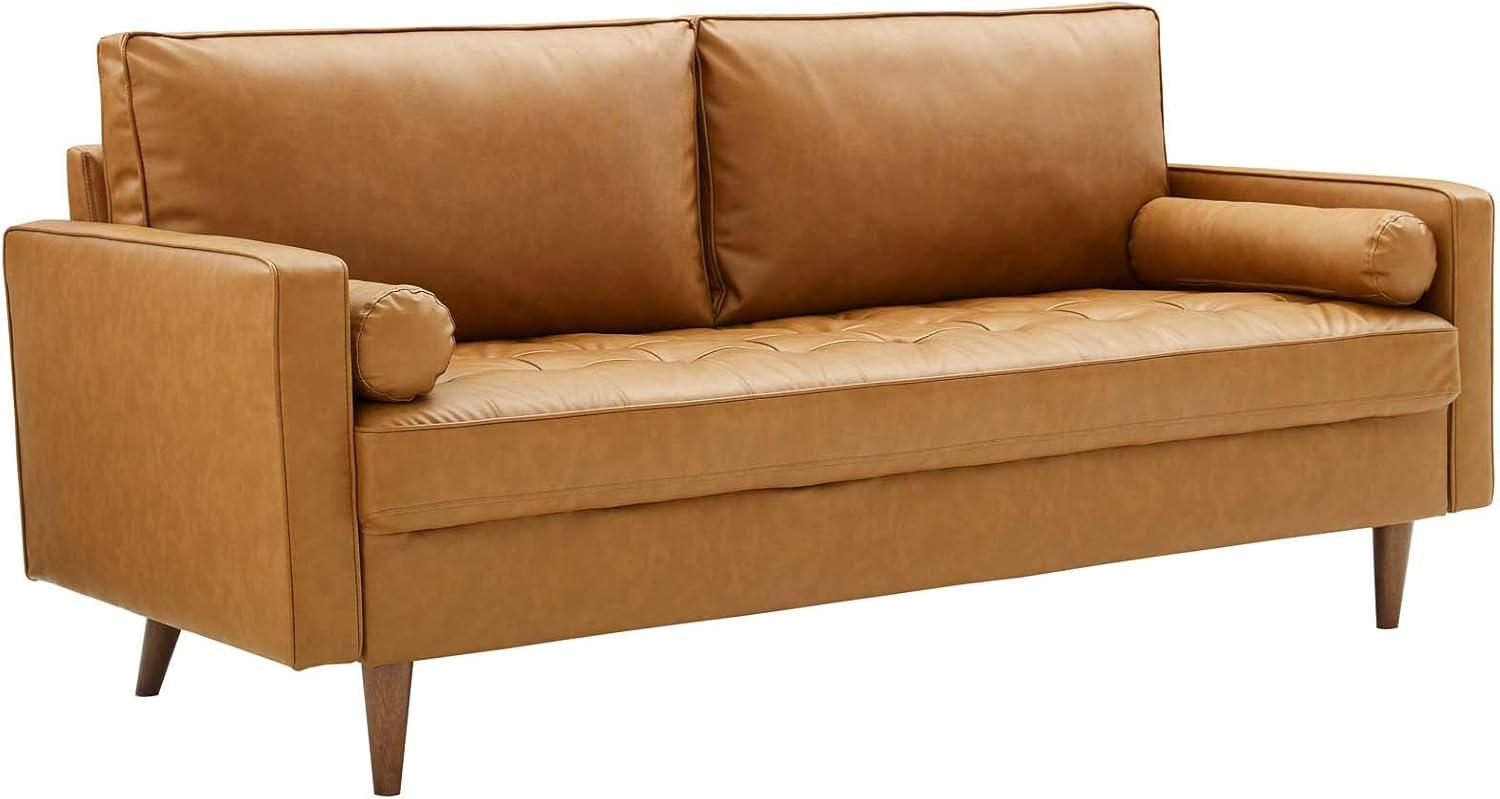 Brown Tufted Faux Leather Sofa with Walnut Wood Legs