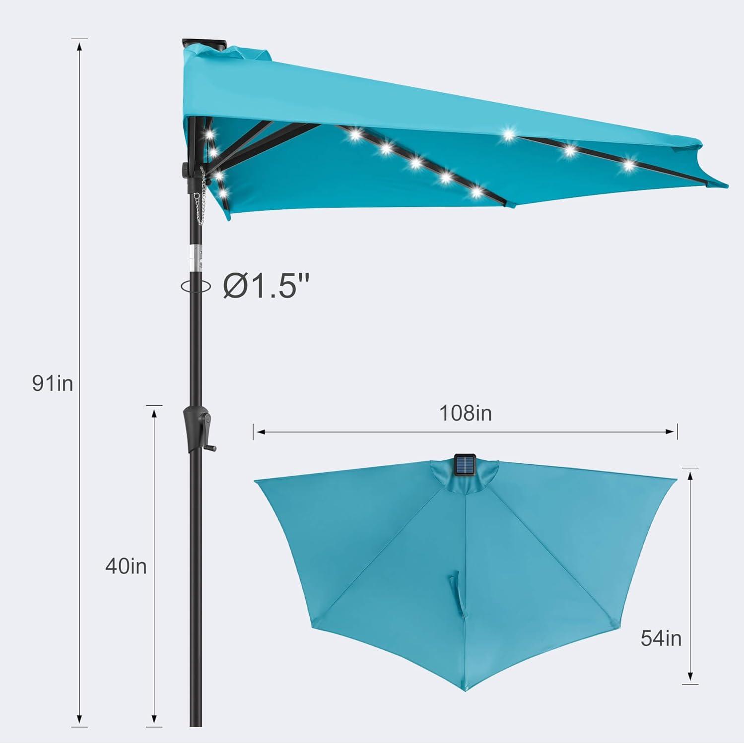 FLAME&SHADE 9 ft Half Round Solar Powered Outdoor Market Patio Table Umbrella for Wall Balcony with LED Lights and Tilt, Aqua Blue