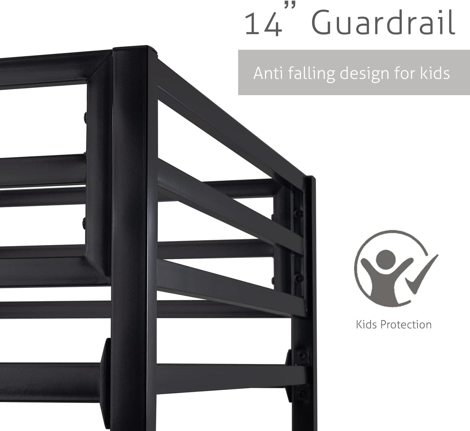 SHA CERLIN Black Twin Over Twin Metal Bunk Bed for Juniors, Industrial Frame with Inclined Stairs & Full-Length Guardrail