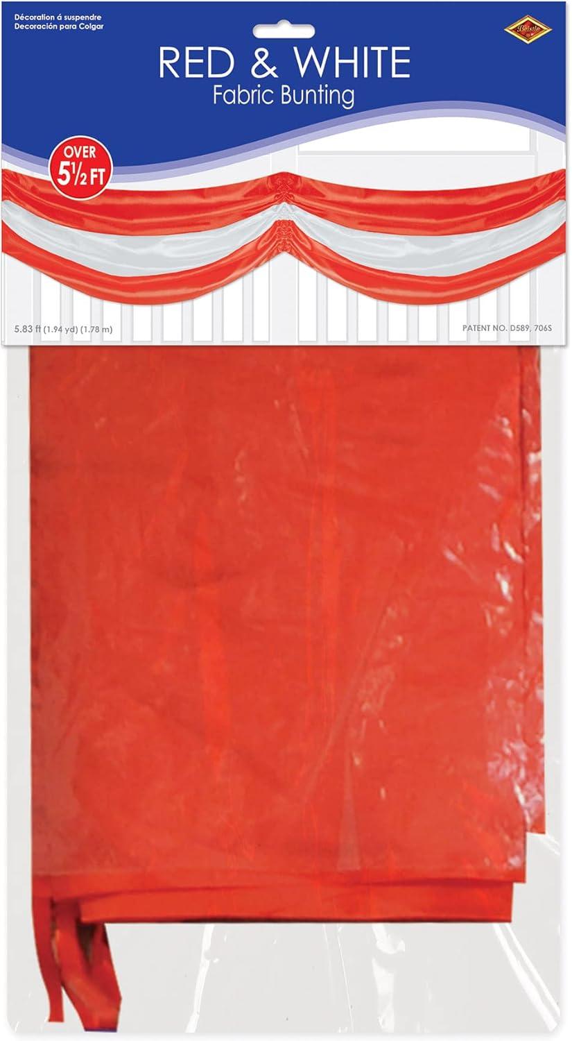 Beistle Red & White Fabric Bunting – Decoration with Drawstrings for Indoor Outdoor Use, Patriotic Porch Fence or Table Drape for Circus, Carnival, and Home Décor, 5' 10"