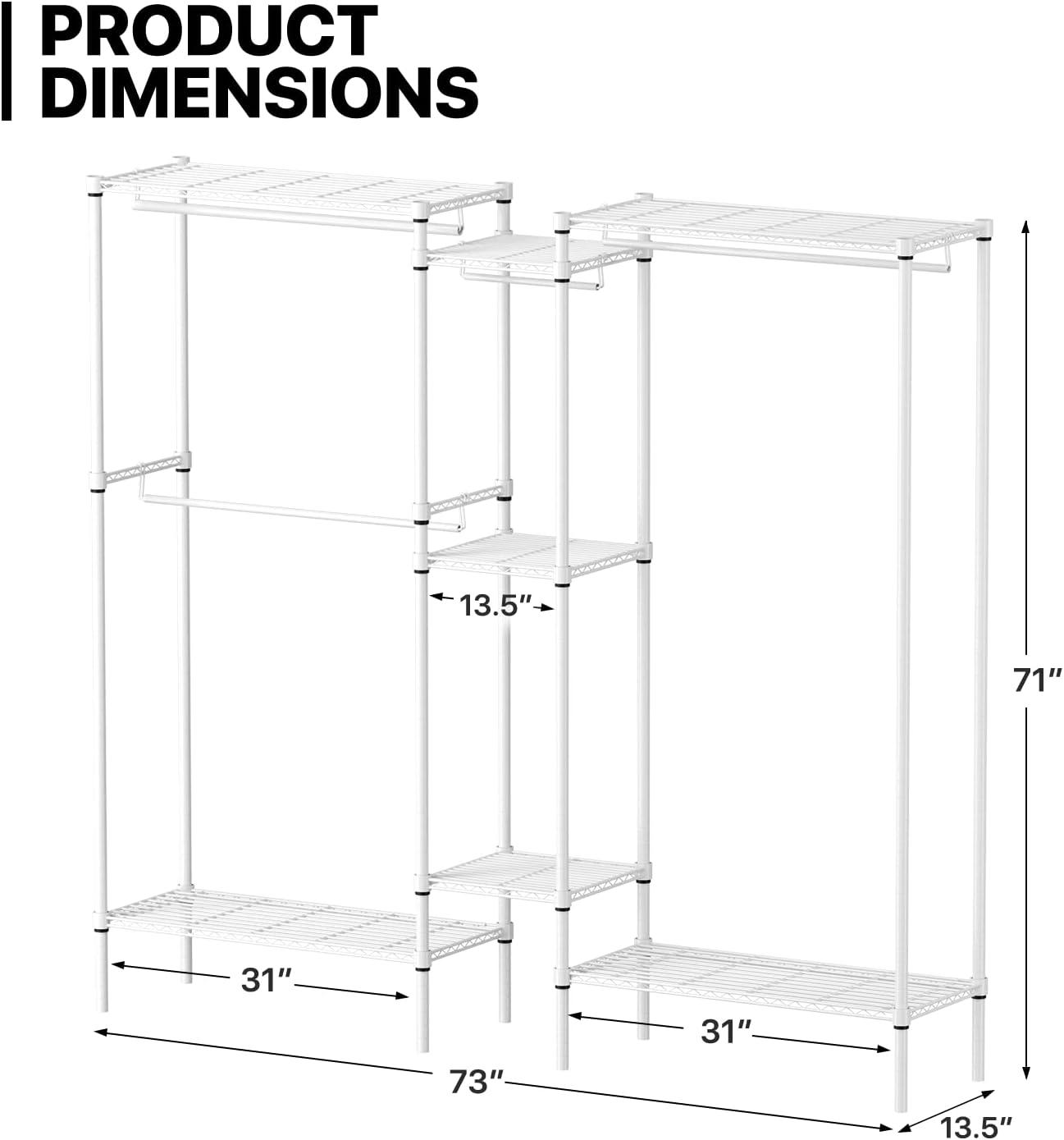 MoNiBloom Heavy Duty Clothes Rack L Shaped Clothing Rack for Corner, Wire Garment Rack Freestanding Wardrobe Rack for Bedroom, 73"Lx13.5"Wx71"H, White
