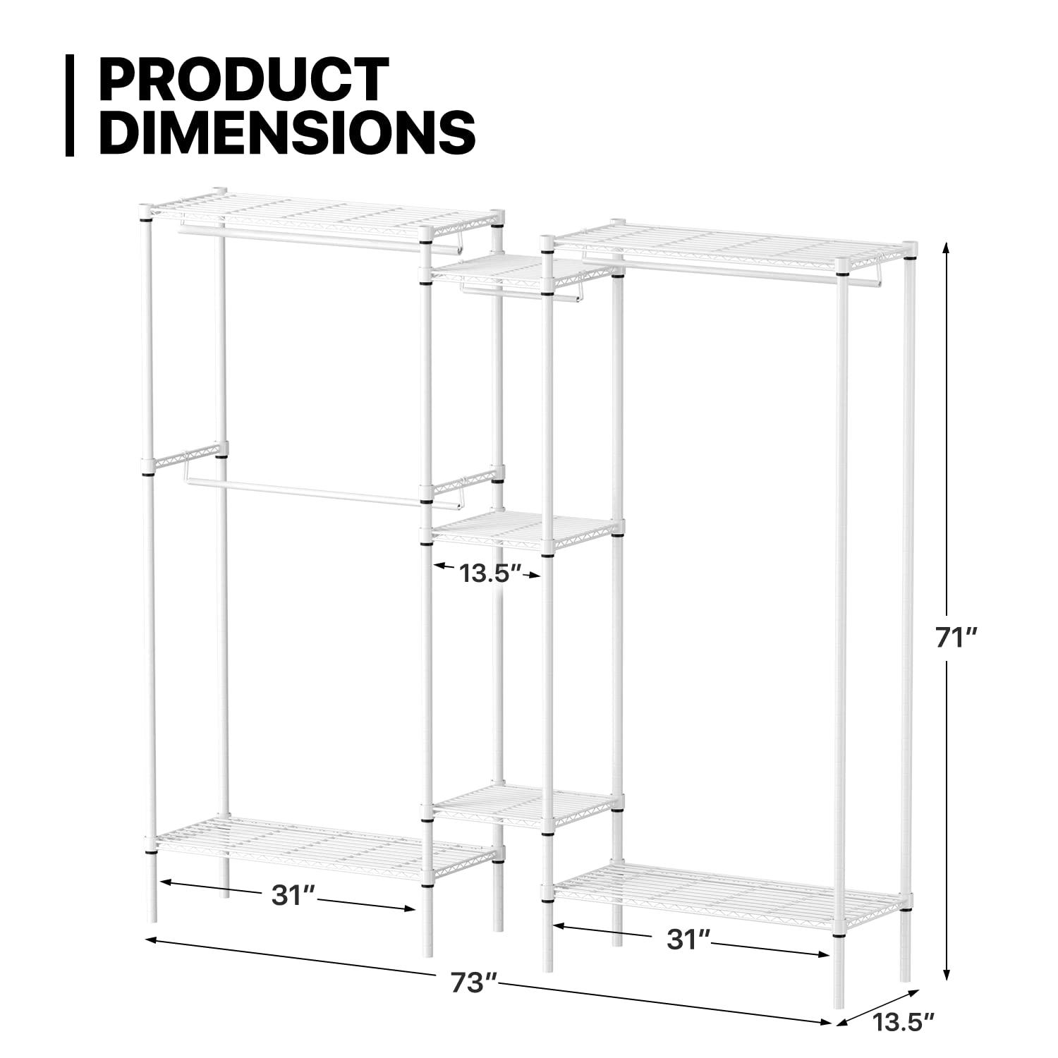 MoNiBloom Heavy Duty Clothes Rack L Shaped Clothing Rack for Corner, Wire Garment Rack Freestanding Wardrobe Rack for Bedroom, 73"Lx13.5"Wx71"H, White